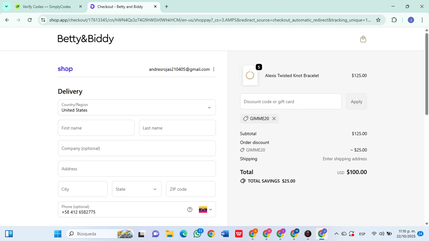 Betty and Biddy discount code screenshot showing code GIMME20 applied at Betty and Biddy checkout page. Uploaded by SimplyCodes community member DiscountSleuth6807 on Oct 23, 2025