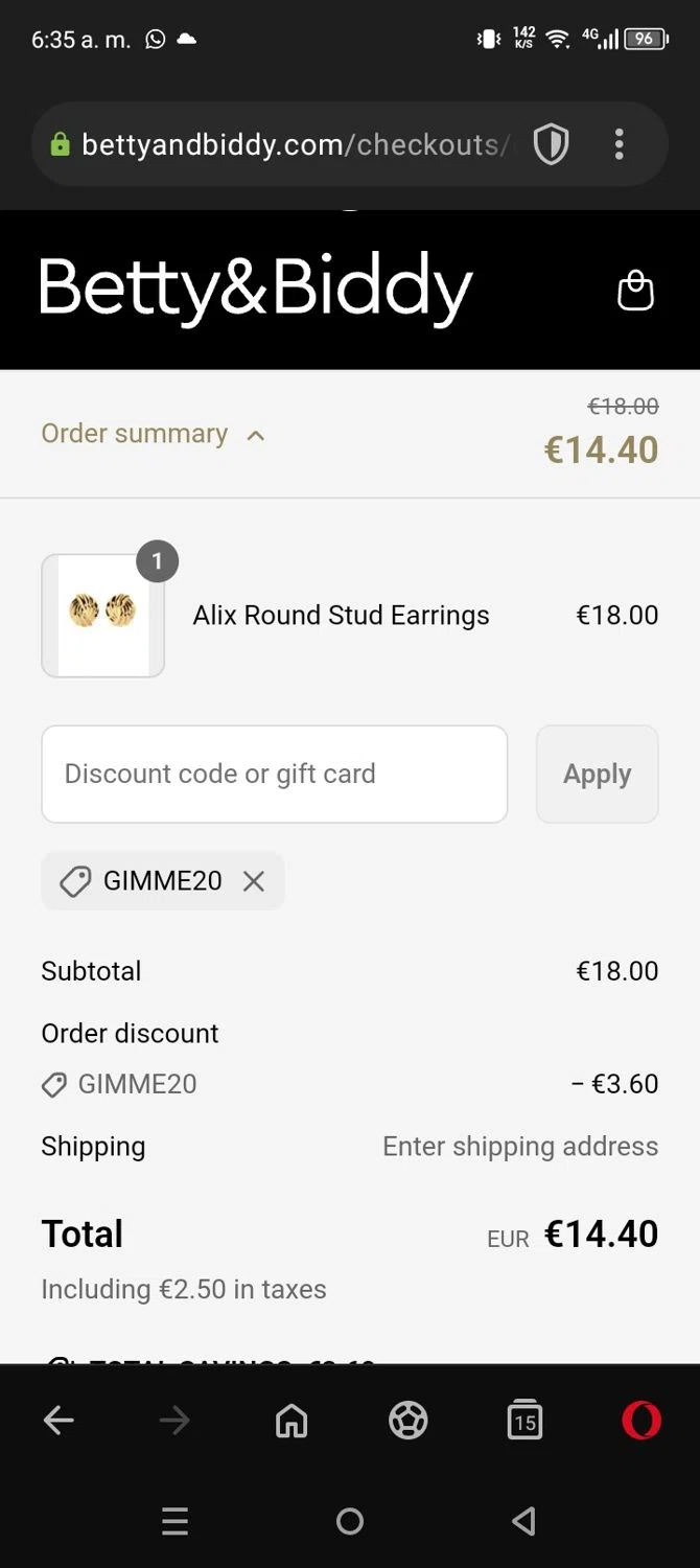 Betty and Biddy discount code screenshot showing code GIMME20 applied at Betty and Biddy checkout page. Uploaded by SimplyCodes community member xXRonXx on Mar 26, 2025