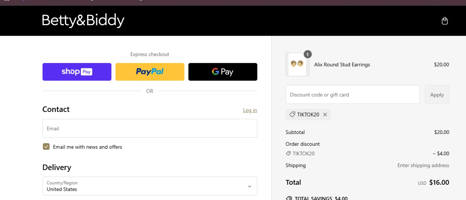 Betty and Biddy discount code screenshot showing code TIKTOK20 applied at Betty and Biddy checkout page. Uploaded by SimplyCodes community member rassoulfstorres on Mar 3, 2025