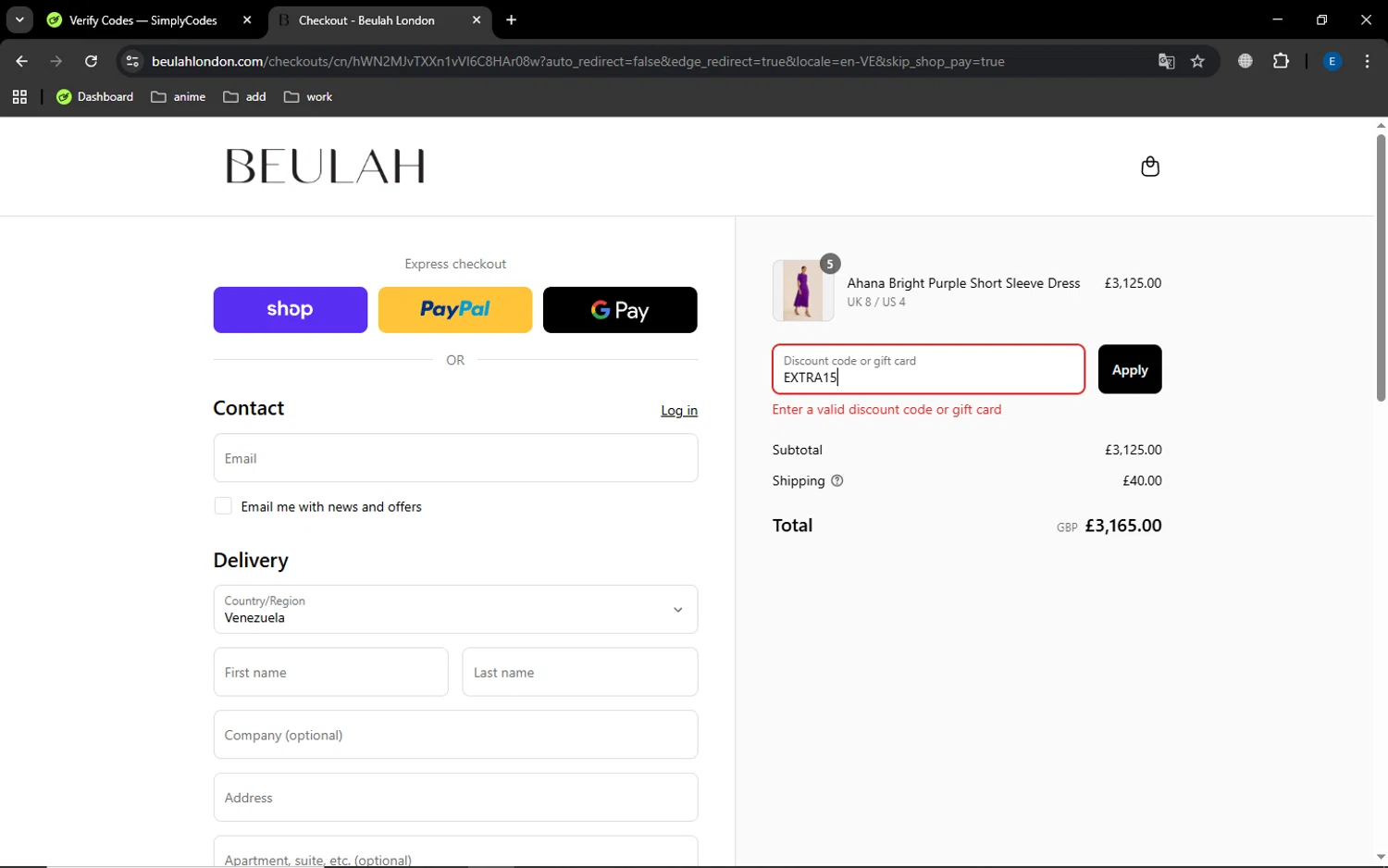 Beulah London promo code screenshot showing code EXTRA15 applied at Beulah London checkout page. Uploaded by SimplyCodes community member GoldSaver5472 on Aug 29, 2025