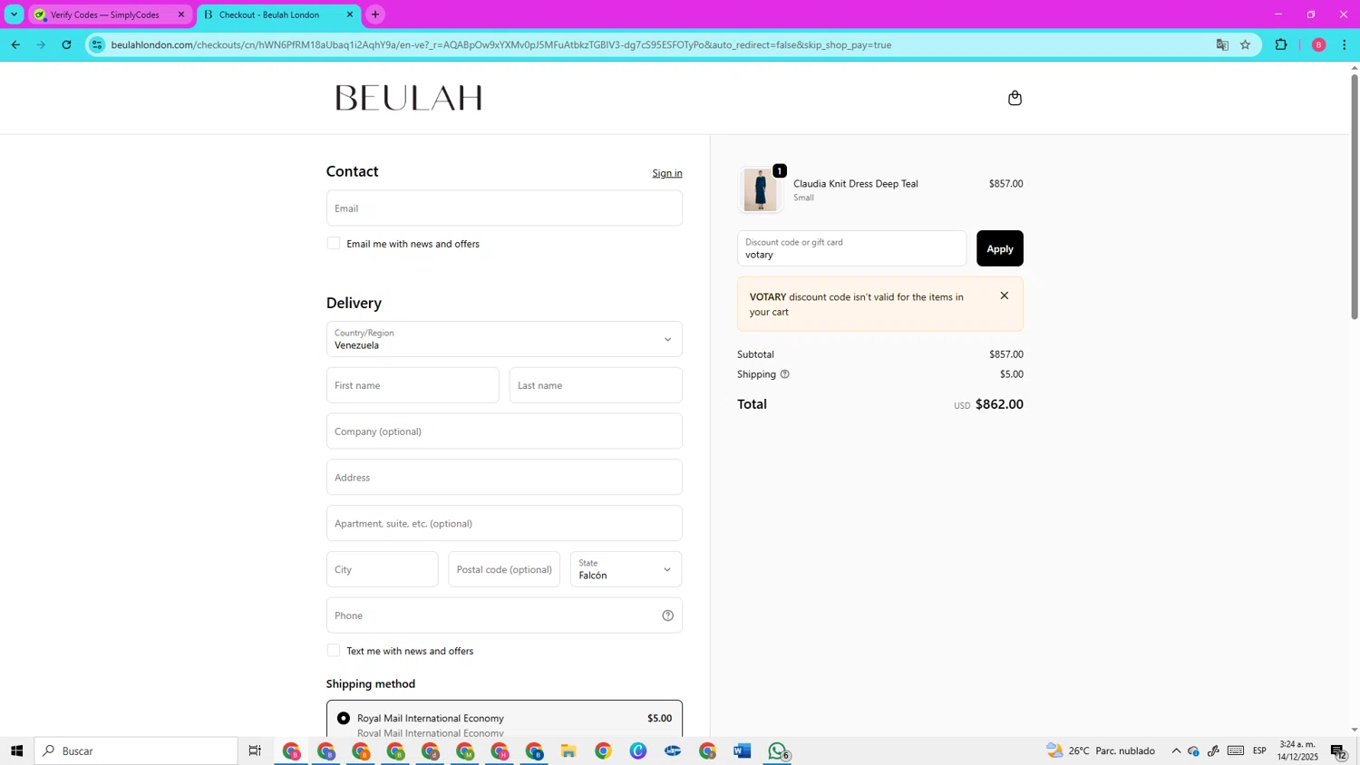 Beulah London promo code screenshot showing code votary applied at Beulah London checkout page. Uploaded by SimplyCodes community member CleverElite3562 on Dec 14, 2025