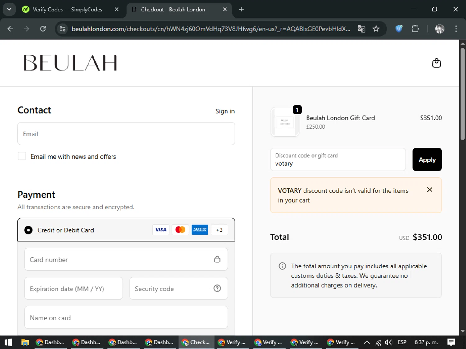 Beulah London promo code screenshot showing code votary applied at Beulah London checkout page. Uploaded by SimplyCodes community member CleverLegend6607 on Nov 6, 2025