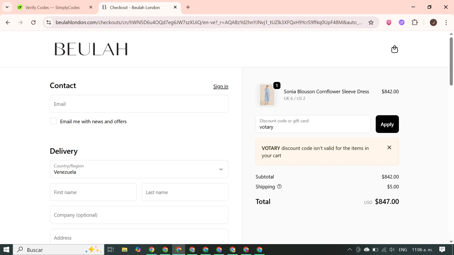 Beulah London promo code screenshot showing code votary applied at Beulah London checkout page. Uploaded by SimplyCodes community member PrimeGenius2371 on Nov 12, 2025