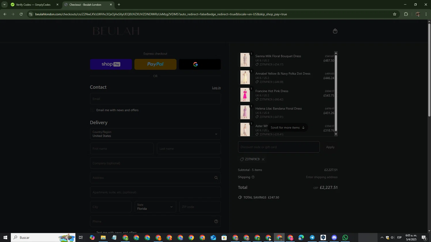 Beulah London promo code screenshot showing code Z3TNF9C9 applied at Beulah London checkout page. Uploaded by SimplyCodes community member ThriftySage4292 on Apr 5, 2025