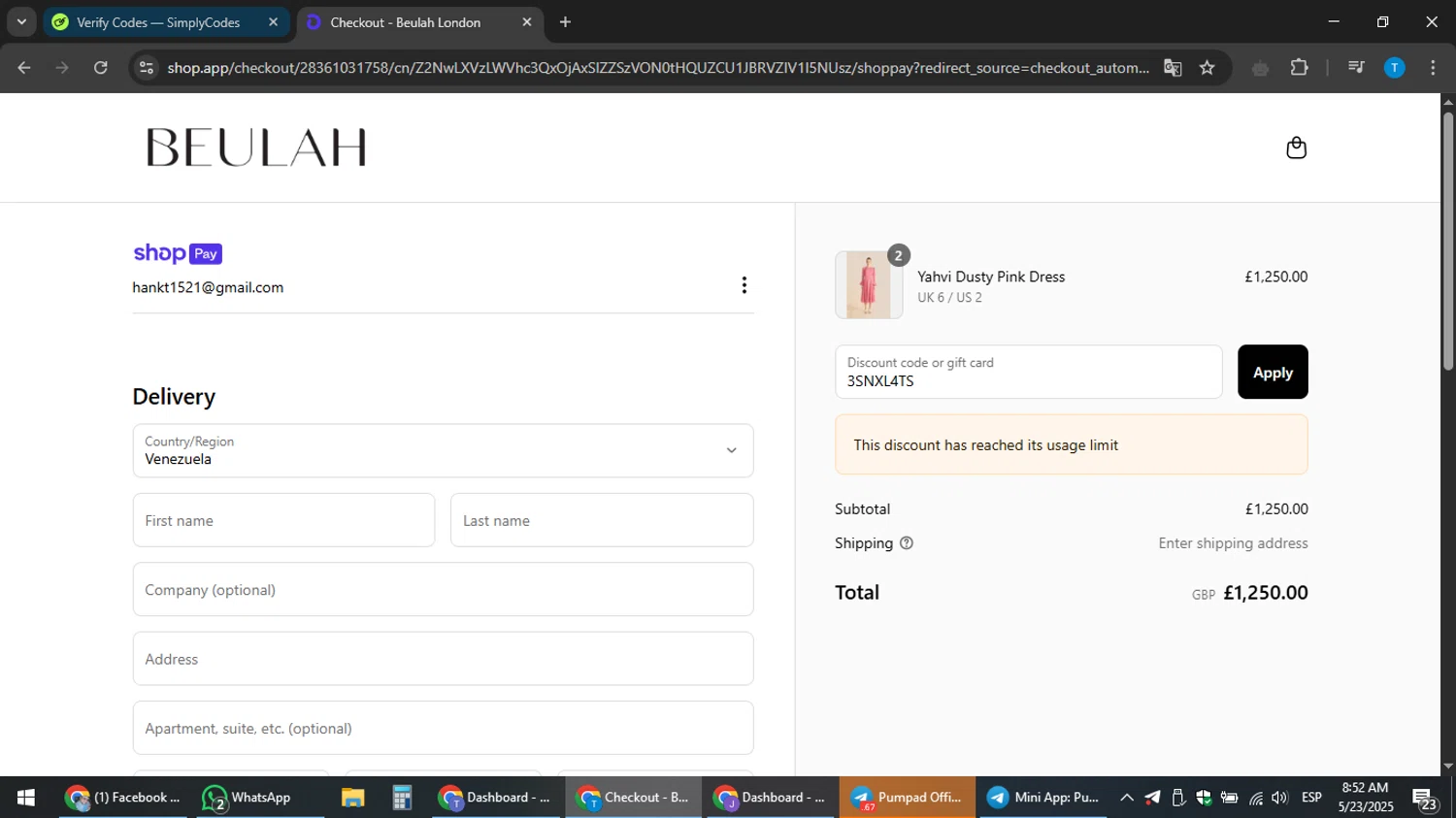 Beulah London promo code screenshot showing code 3SNXL4TS applied at Beulah London checkout page. Uploaded by SimplyCodes community member hankt1521 on May 23, 2025