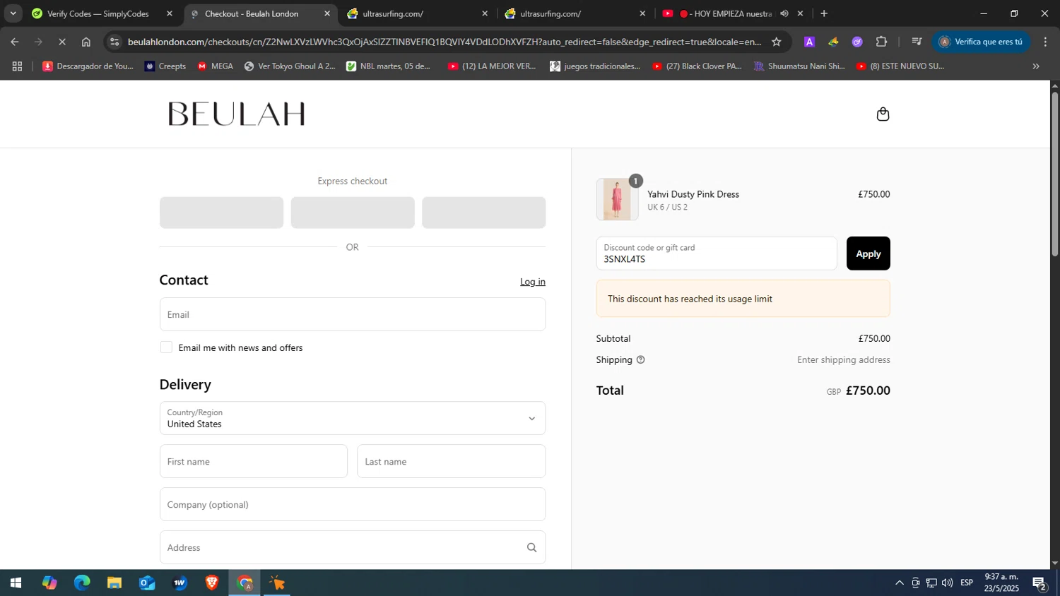 Beulah London promo code screenshot showing code 3SNXL4TS applied at Beulah London checkout page. Uploaded by SimplyCodes community member yasabesssss on May 23, 2025