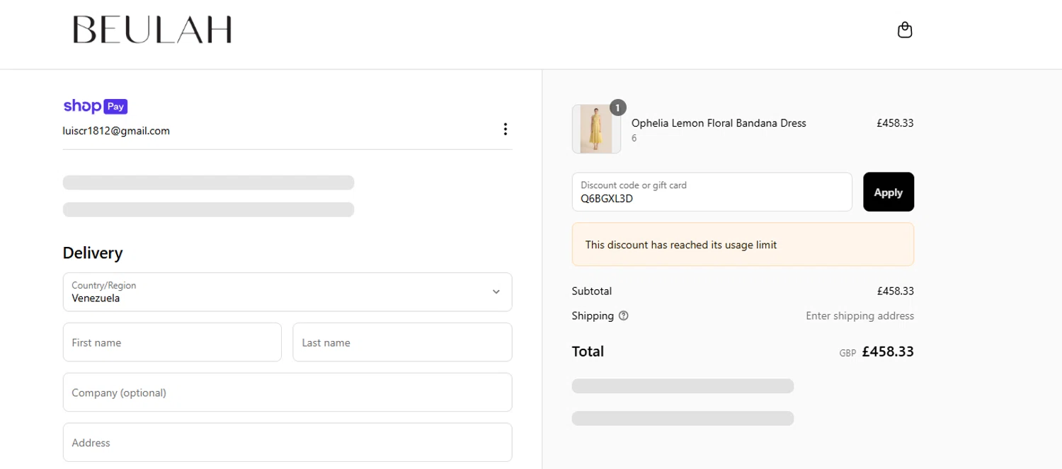Beulah London promo code screenshot showing code Q6BGXL3D applied at Beulah London checkout page. Uploaded by SimplyCodes community member RoyalHunter7313 on Jun 3, 2025