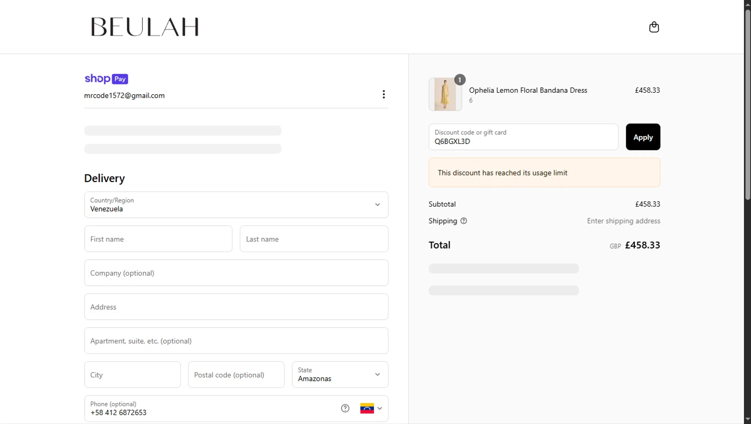 Beulah London promo code screenshot showing code Q6BGXL3D applied at Beulah London checkout page. Uploaded by SimplyCodes community member TokioMiller on Jun 3, 2025