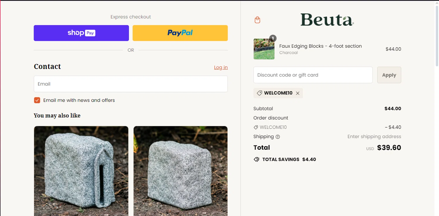 Beuta checkout page showing Beuta discount code box | Screenshot taken by SimplyCodes community member on Apr 21, 2024