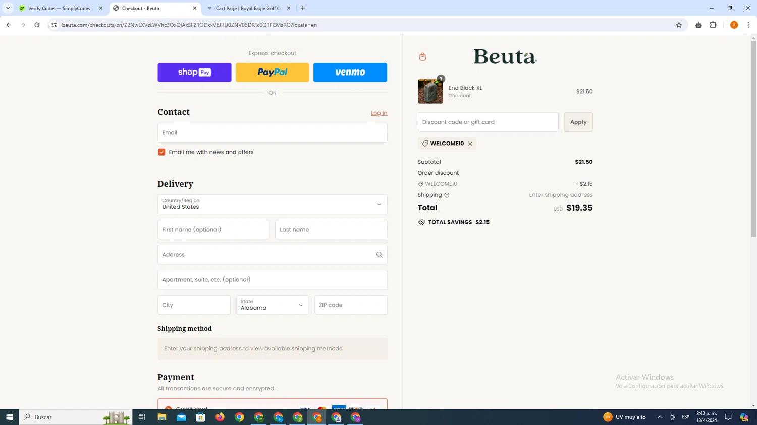 Beuta checkout page showing Beuta discount code box | Screenshot taken by SimplyCodes community member on Apr 18, 2024