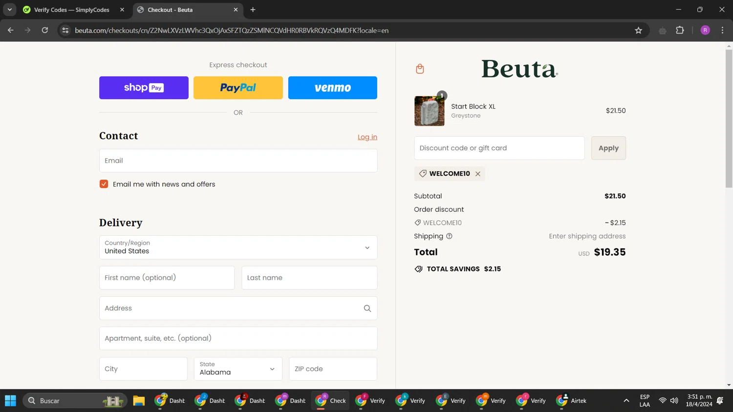 Beuta checkout page showing Beuta discount code box | Screenshot taken by SimplyCodes community member on Apr 18, 2024