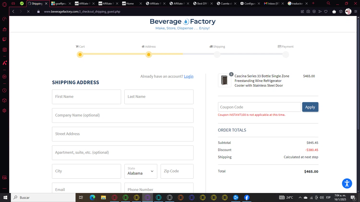 Beverage Factory coupon code screenshot showing code INSTANT100 applied at Beverage Factory checkout page. Uploaded by SimplyCodes community member Coraje on Jan 16, 2025
