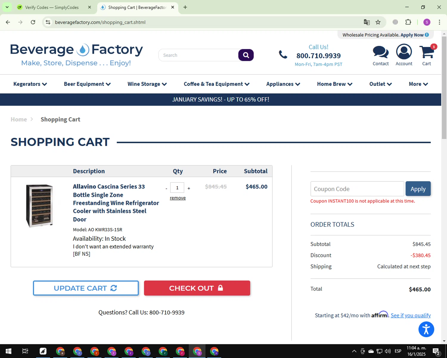 Beverage Factory coupon code screenshot showing code INSTANT100 applied at Beverage Factory checkout page. Uploaded by SimplyCodes community member CouponScout7561 on Jan 16, 2025