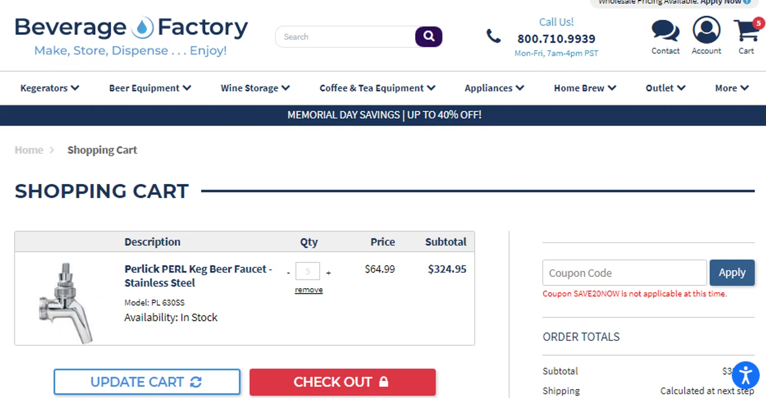 Beverage Factory coupon code screenshot showing code SAVE20NOW applied at Beverage Factory checkout page. Uploaded by SimplyCodes community member anthonysemeco on May 24, 2025