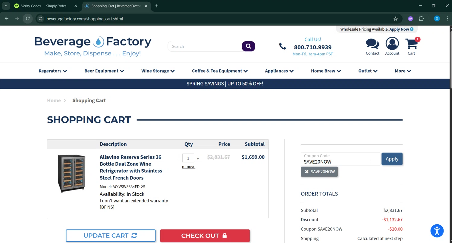 Beverage Factory checkout page showing Beverage Factory coupon code box | Screenshot taken by SimplyCodes community member on May 10, 2025
