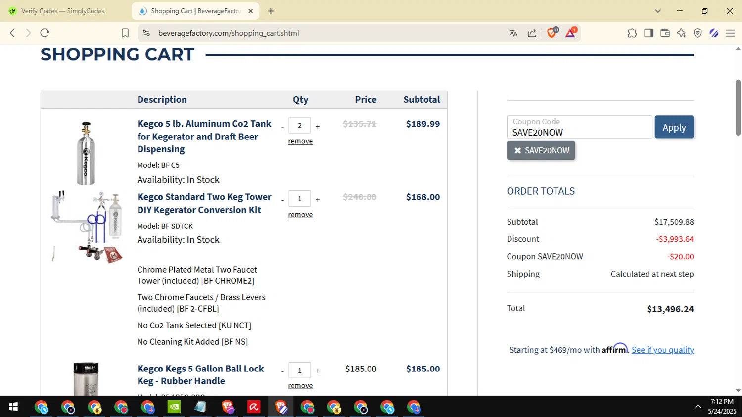 Beverage Factory coupon code screenshot showing code SAVE20NOW applied at Beverage Factory checkout page. Uploaded by SimplyCodes community member davidguardia on May 24, 2025