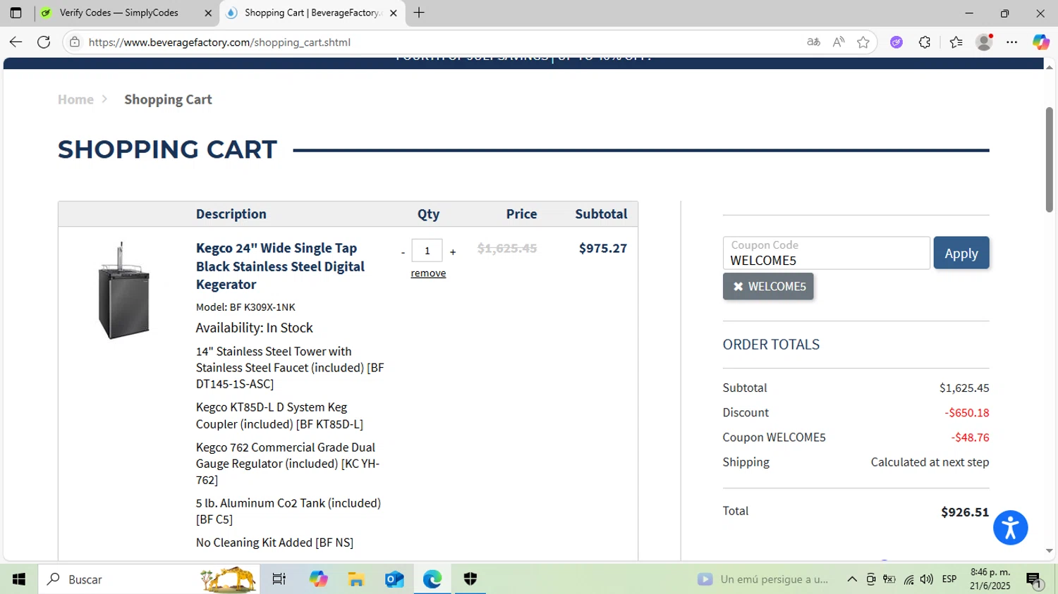 Beverage Factory coupon code screenshot showing code WELCOME5 applied at Beverage Factory checkout page. Uploaded by SimplyCodes community member DiscountCurator2907 on Jun 22, 2025