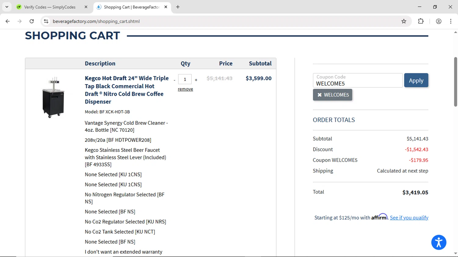 Beverage Factory coupon code screenshot showing code WELCOME5 applied at Beverage Factory checkout page. Uploaded by SimplyCodes community member DiscountScout1646 on Jun 15, 2025