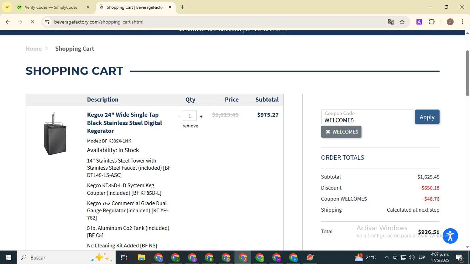 Beverage Factory checkout page showing Beverage Factory coupon code box | Screenshot taken by SimplyCodes community member on May 17, 2025