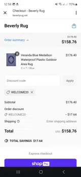Welcome20 coupon verification screenshot