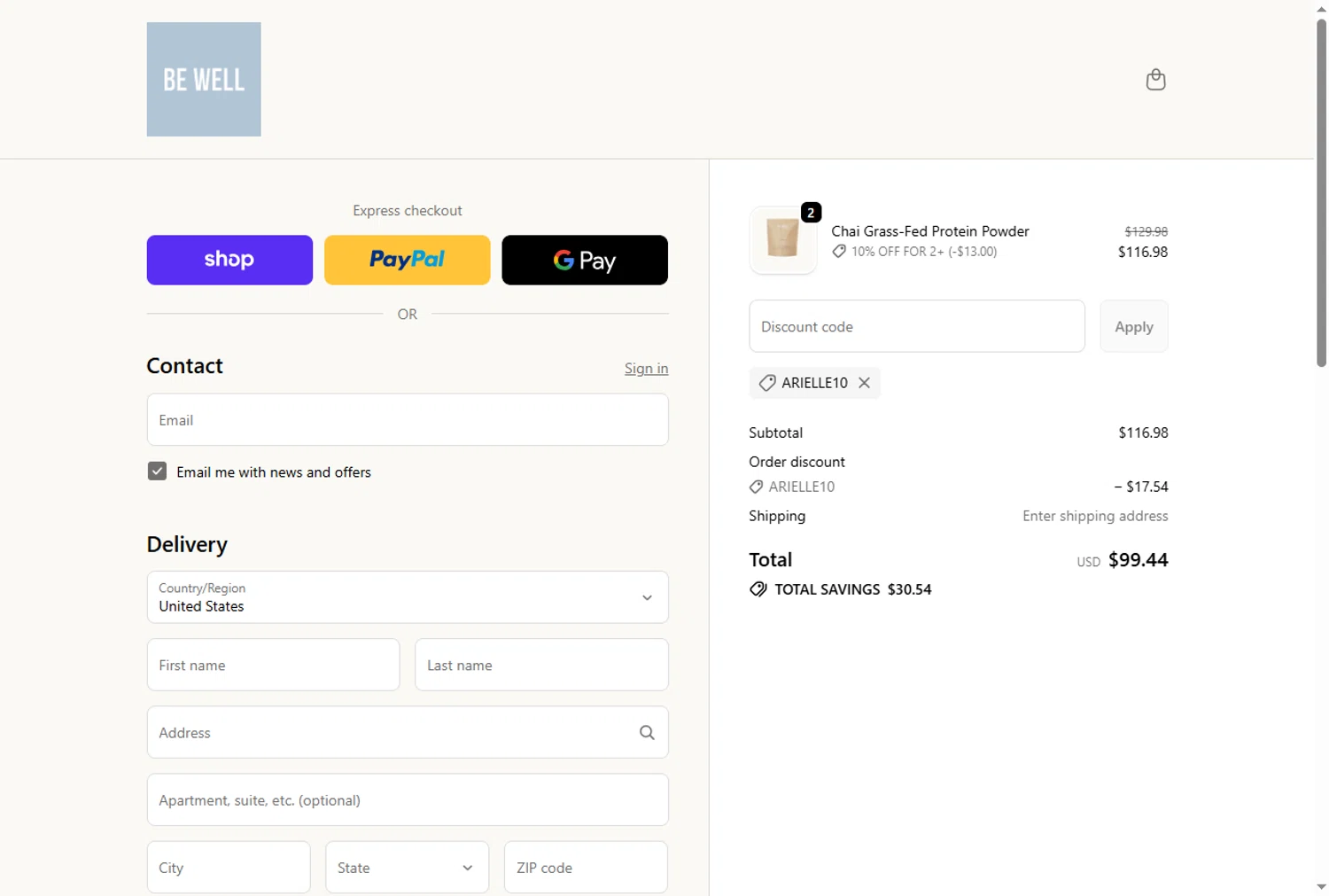 Be Well by Kelly discount code screenshot showing code ARIELLE10 applied at Be Well by Kelly checkout page. Uploaded by SimplyCodes community member Alejandra10 on Nov 14, 2025