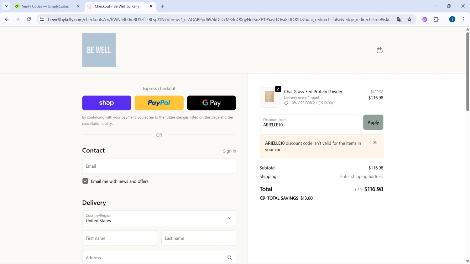 Be Well by Kelly discount code screenshot showing code ARIELLE10 applied at Be Well by Kelly checkout page. Uploaded by SimplyCodes community member CodeSaver4373 on Nov 9, 2025