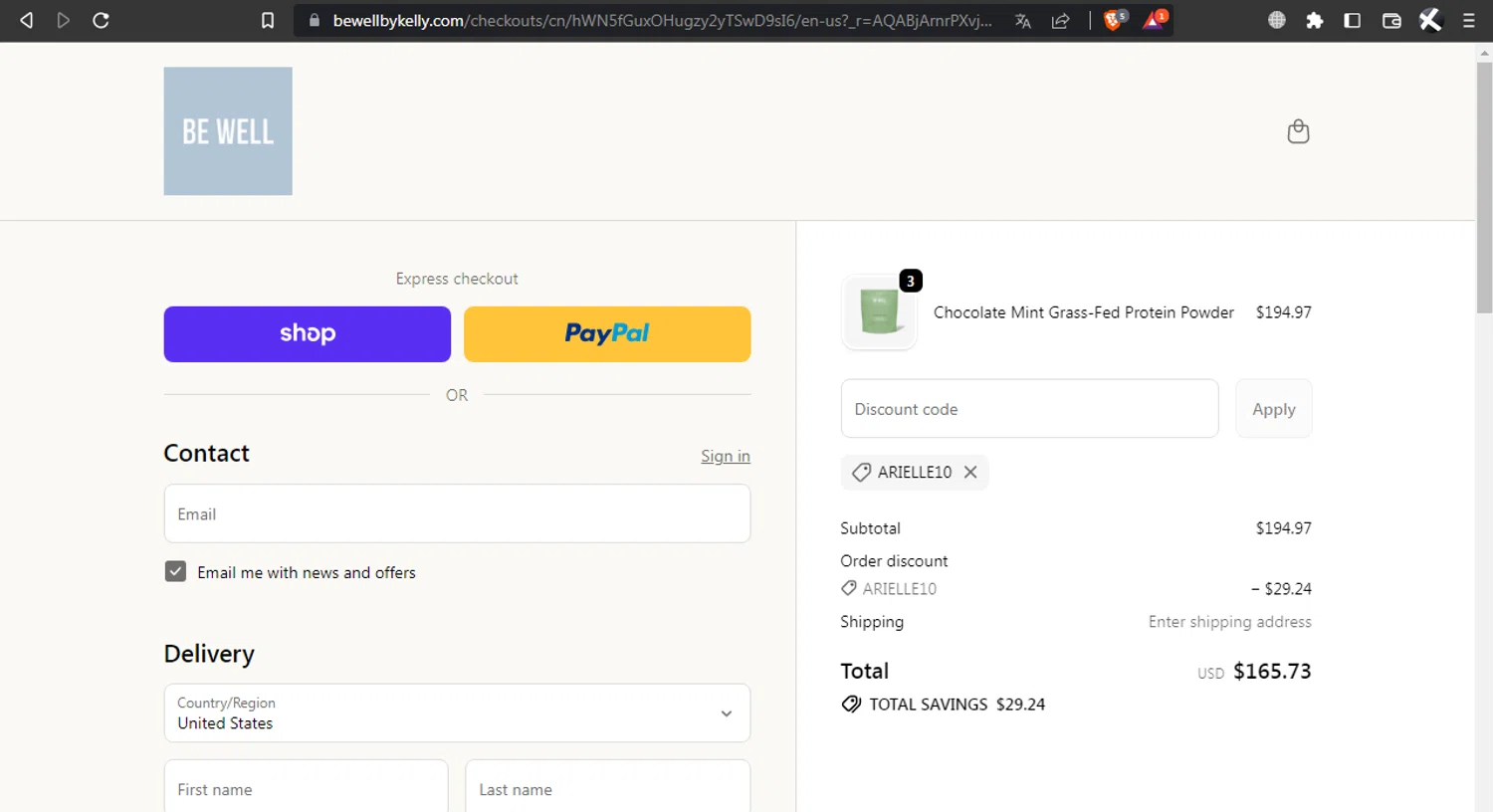 Be Well by Kelly discount code screenshot showing code ARIELLE10 applied at Be Well by Kelly checkout page. Uploaded by SimplyCodes community member l2994552451687 on Nov 24, 2025