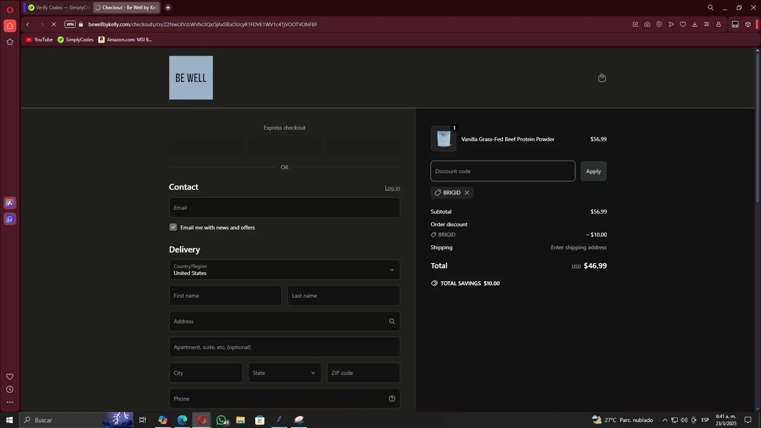 Be Well by Kelly discount code screenshot showing code BRIGID applied at Be Well by Kelly checkout page. Uploaded by SimplyCodes community member TheRodan on Mar 23, 2025