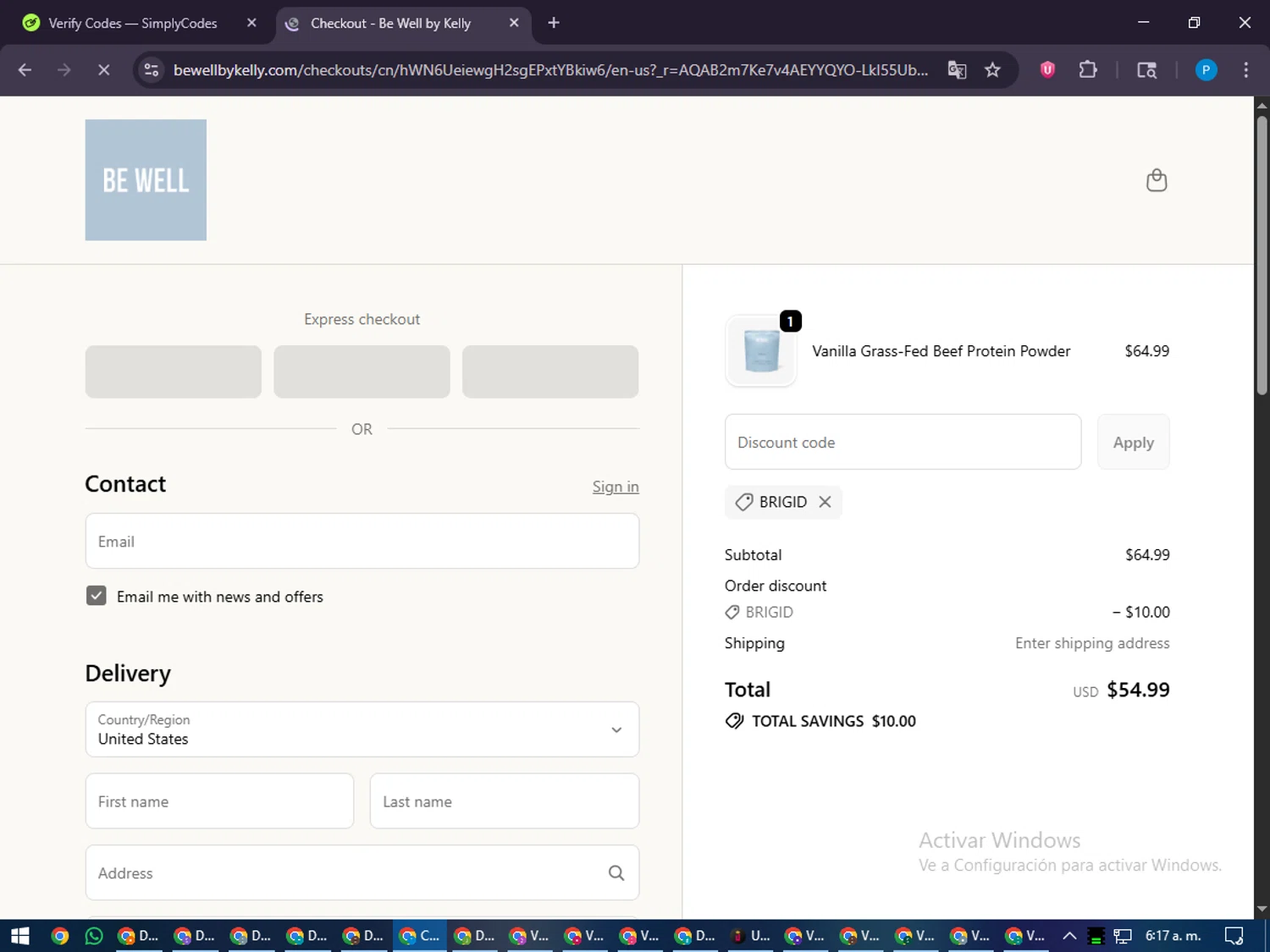 Be Well by Kelly discount code screenshot showing code BRIGID applied at Be Well by Kelly checkout page. Uploaded by SimplyCodes community member juiceWRLD on Dec 16, 2025