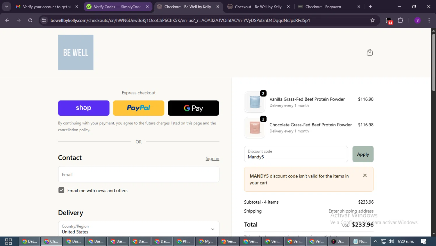 Be Well by Kelly discount code screenshot showing code Mandy5 applied at Be Well by Kelly checkout page. Uploaded by SimplyCodes community member ShieldWarden7838 on Dec 16, 2025