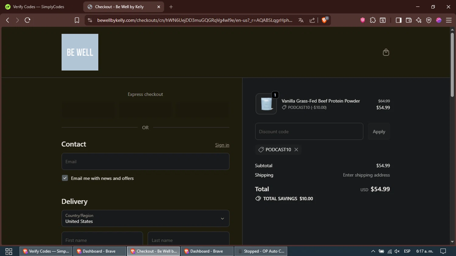 Be Well by Kelly discount code screenshot showing code PODCAST10 applied at Be Well by Kelly checkout page. Uploaded by SimplyCodes community member Alfred on Dec 16, 2025