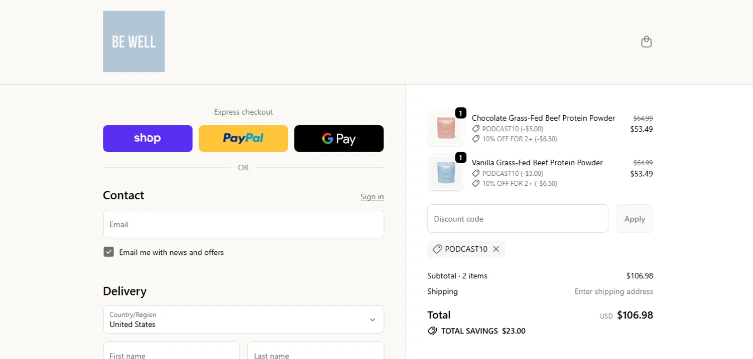 Be Well by Kelly discount code screenshot showing code PODCAST10 applied at Be Well by Kelly checkout page. Uploaded by SimplyCodes community member MagnificentCurator5441 on Nov 2, 2025