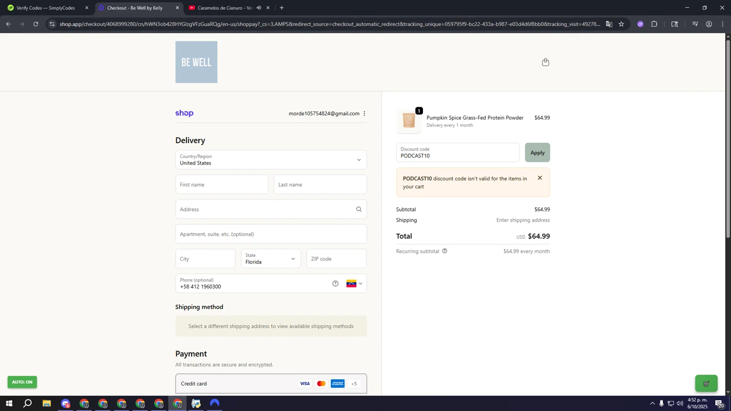 Be Well by Kelly discount code screenshot showing code PODCAST10 applied at Be Well by Kelly checkout page. Uploaded by SimplyCodes community member sssssssssssssssssss on Oct 6, 2025