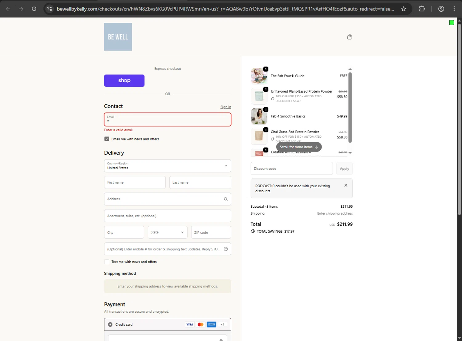 Be Well by Kelly checkout page showing Be Well by Kelly discount code box | Screenshot taken by SimplyCodes community member on Feb 9, 2026