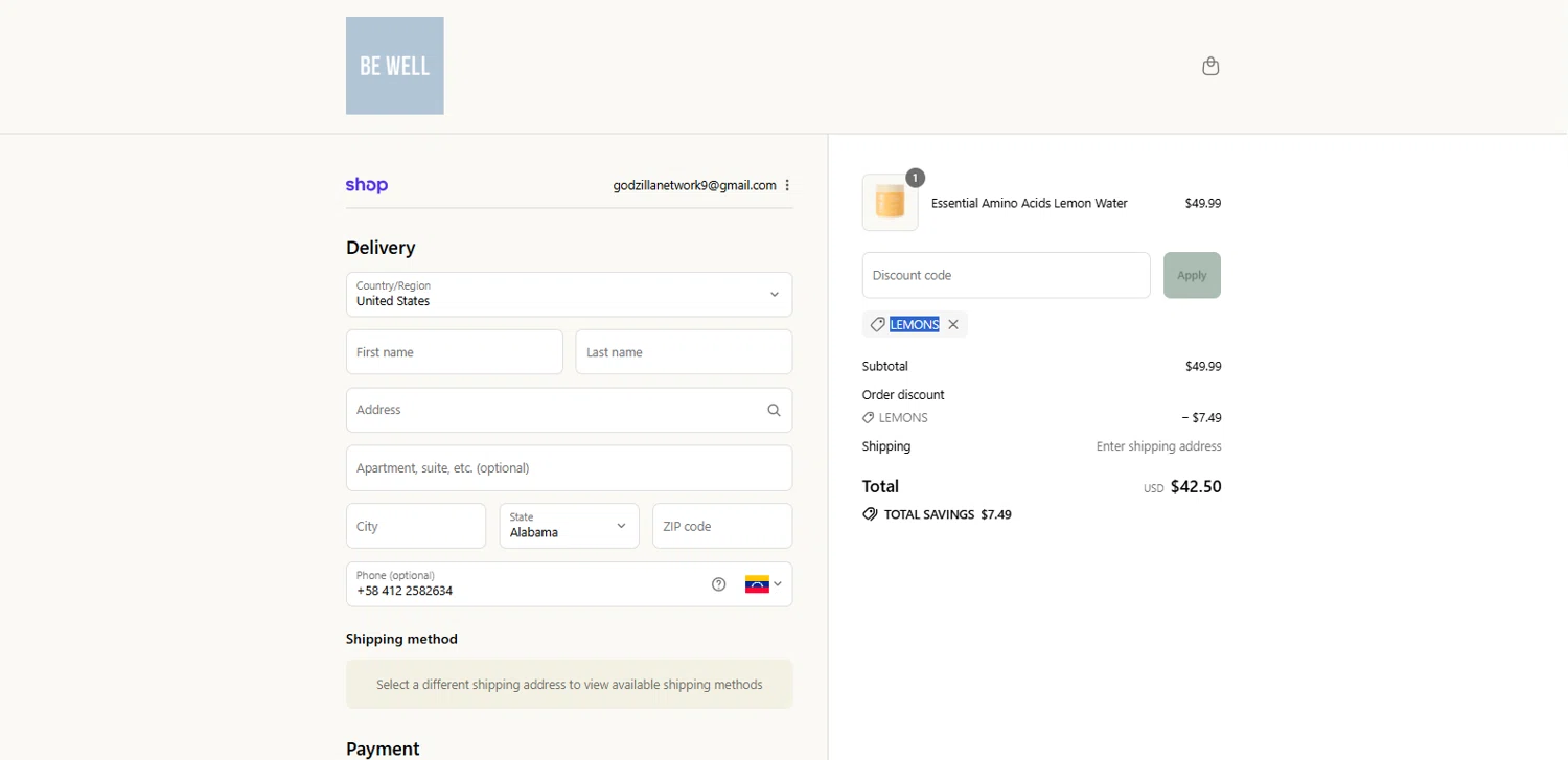 Be Well by Kelly discount code screenshot showing code Lemons applied at Be Well by Kelly checkout page. Uploaded by SimplyCodes community member dimitriv on Sep 12, 2025