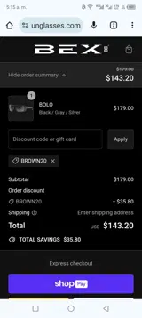 Brown20 coupon verification screenshot