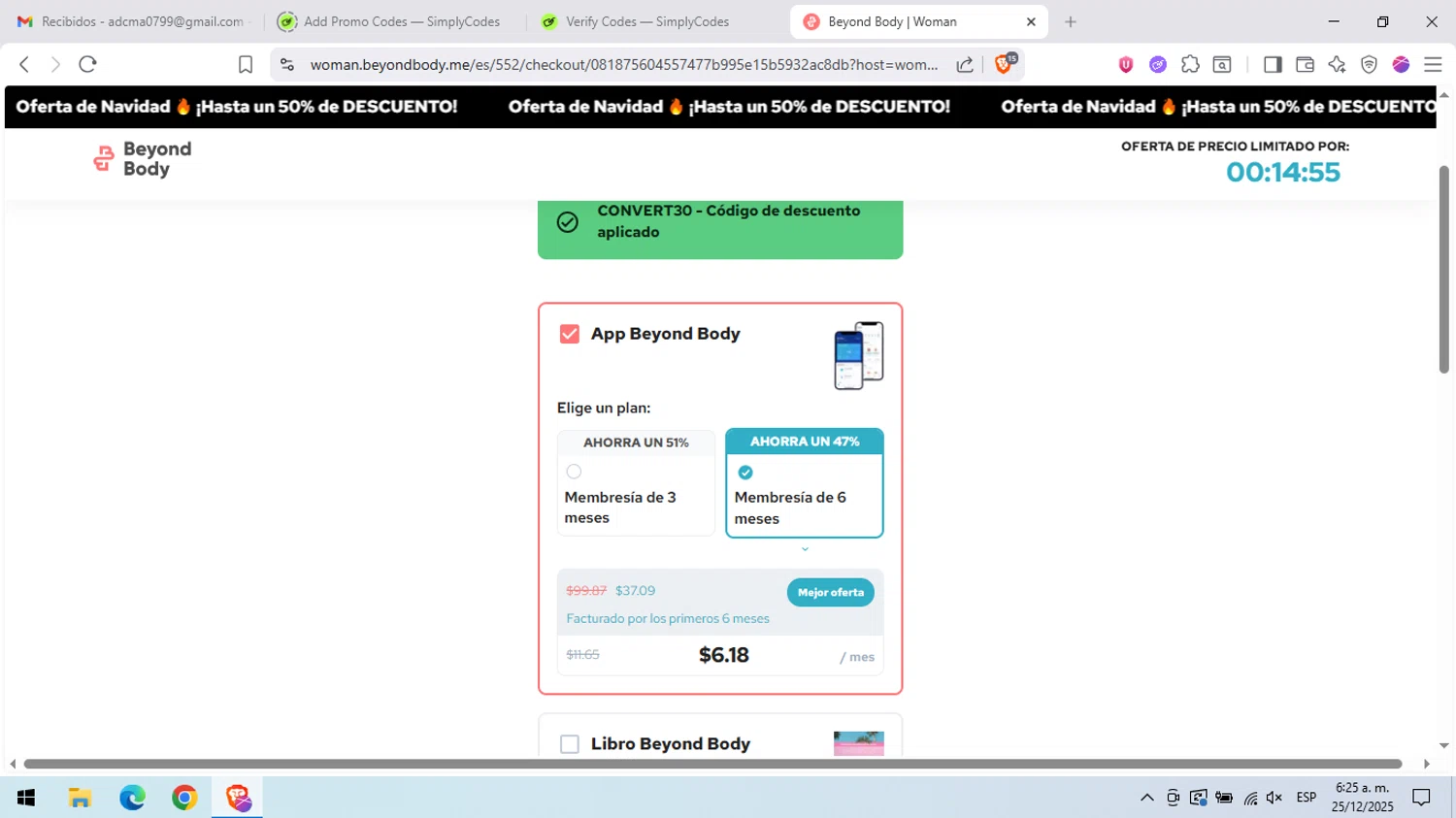 Beyond Body promo code screenshot showing code CONVERT30 applied at Beyond Body checkout page. Uploaded by SimplyCodes community member peachee on Dec 25, 2025