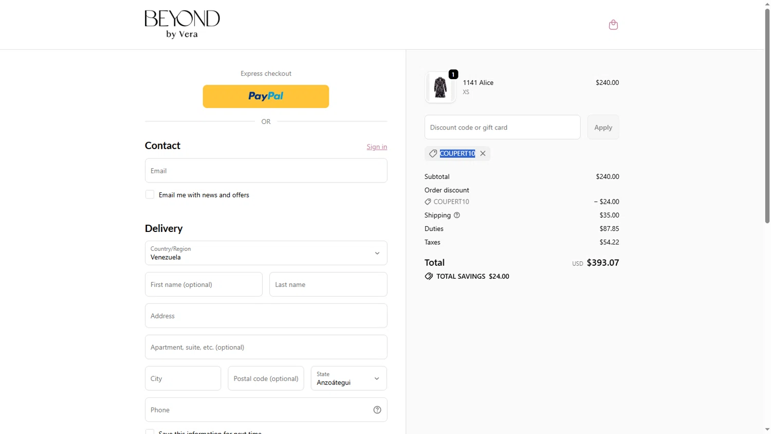Beyond by Vera promo code screenshot showing code COUPERT10 applied at Beyond by Vera checkout page. Uploaded by SimplyCodes community member 5000krick on Dec 14, 2025
