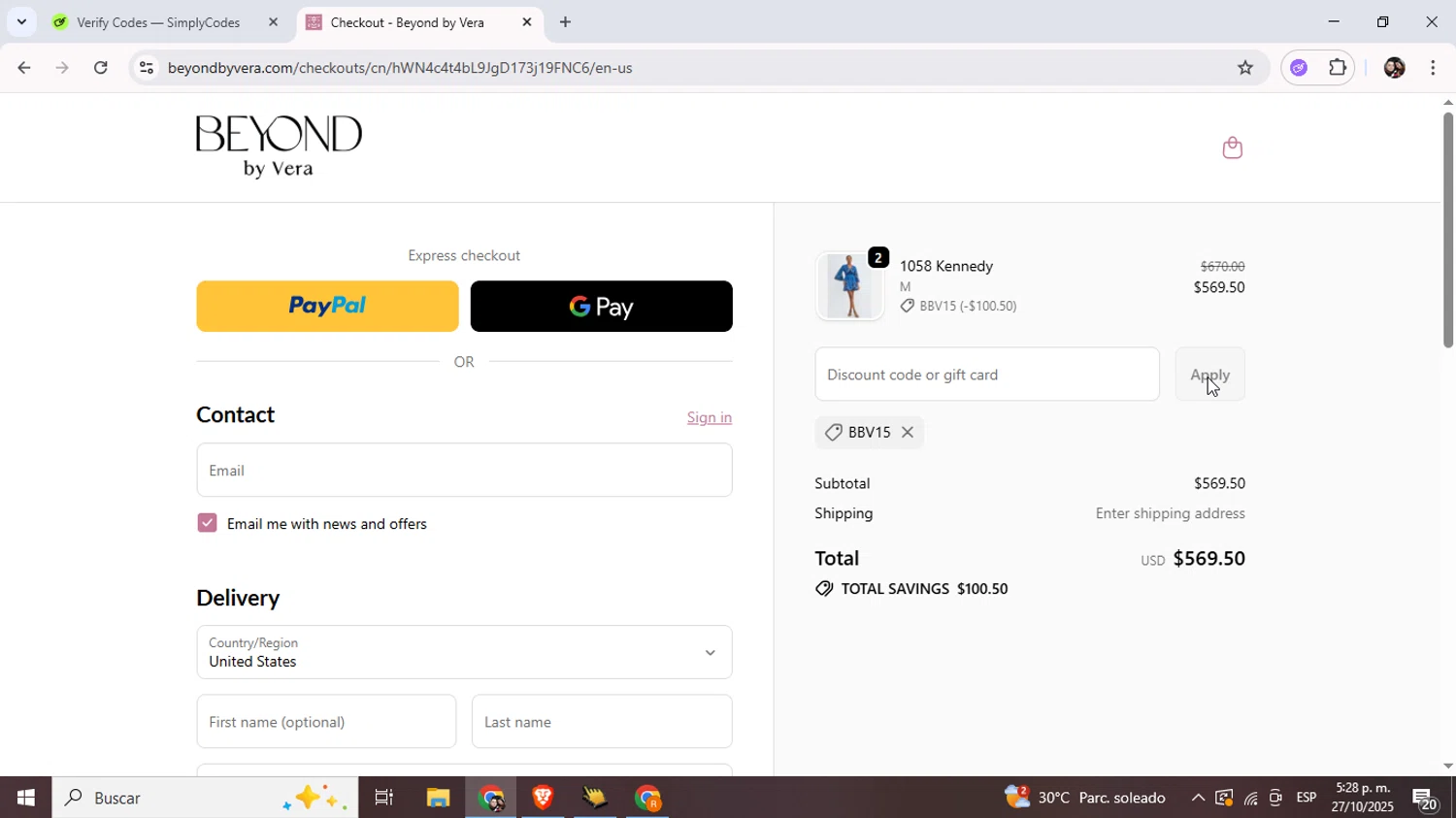 Beyond by Vera promo code screenshot showing code BBV15 applied at Beyond by Vera checkout page. Uploaded by SimplyCodes community member Junniorduno on Oct 27, 2025