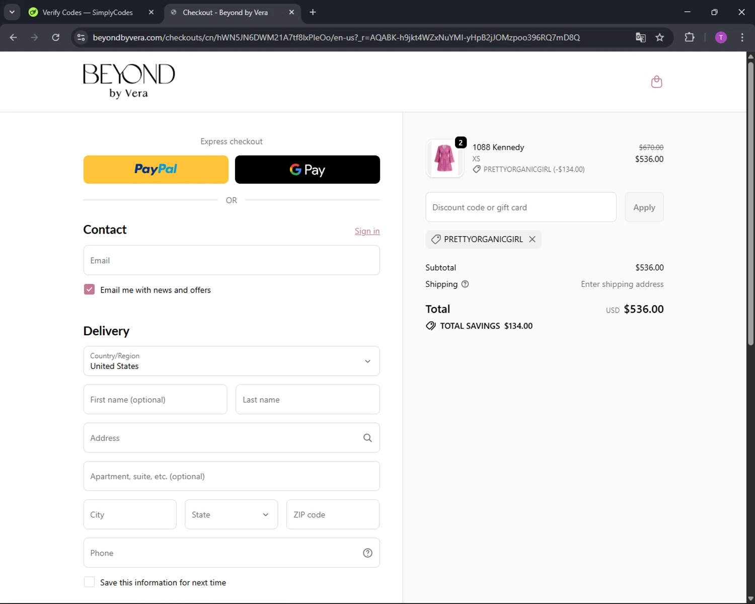 Beyond by Vera promo code screenshot showing code PRETTYORGANICGIRL applied at Beyond by Vera checkout page. Uploaded by SimplyCodes community member CleverFinder9623 on Nov 15, 2025