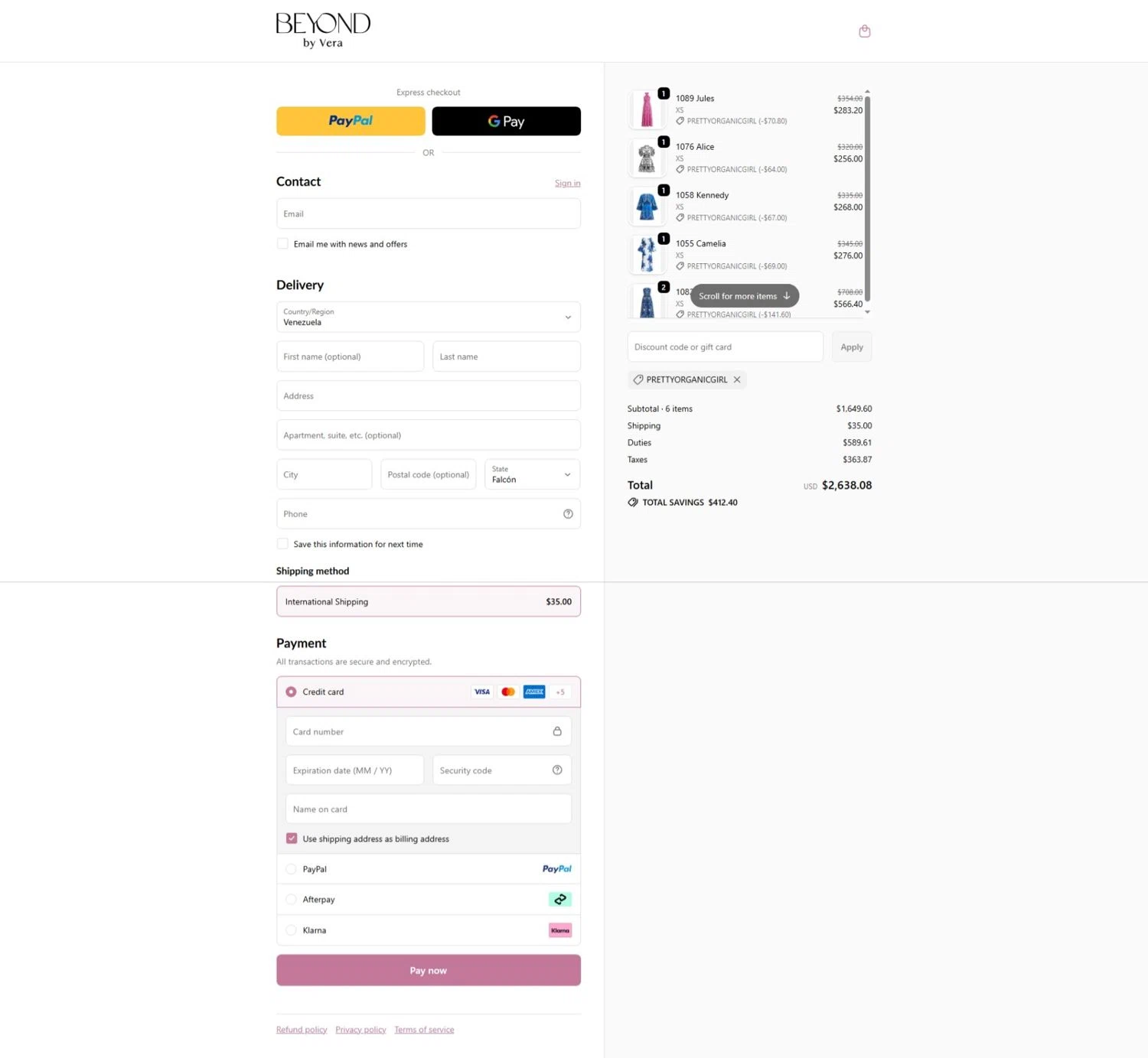 Beyond by Vera promo code screenshot showing code PRETTYORGANICGIRL applied at Beyond by Vera checkout page. Uploaded by SimplyCodes community member DealEagle3415 on Nov 9, 2025