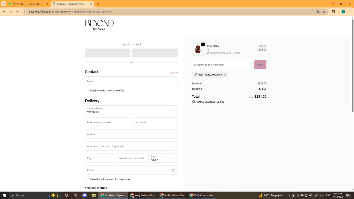Beyond by Vera promo code screenshot showing code PRETTYORGANICGIRL applied at Beyond by Vera checkout page. Uploaded by SimplyCodes community member DealScout5970 on Oct 19, 2025