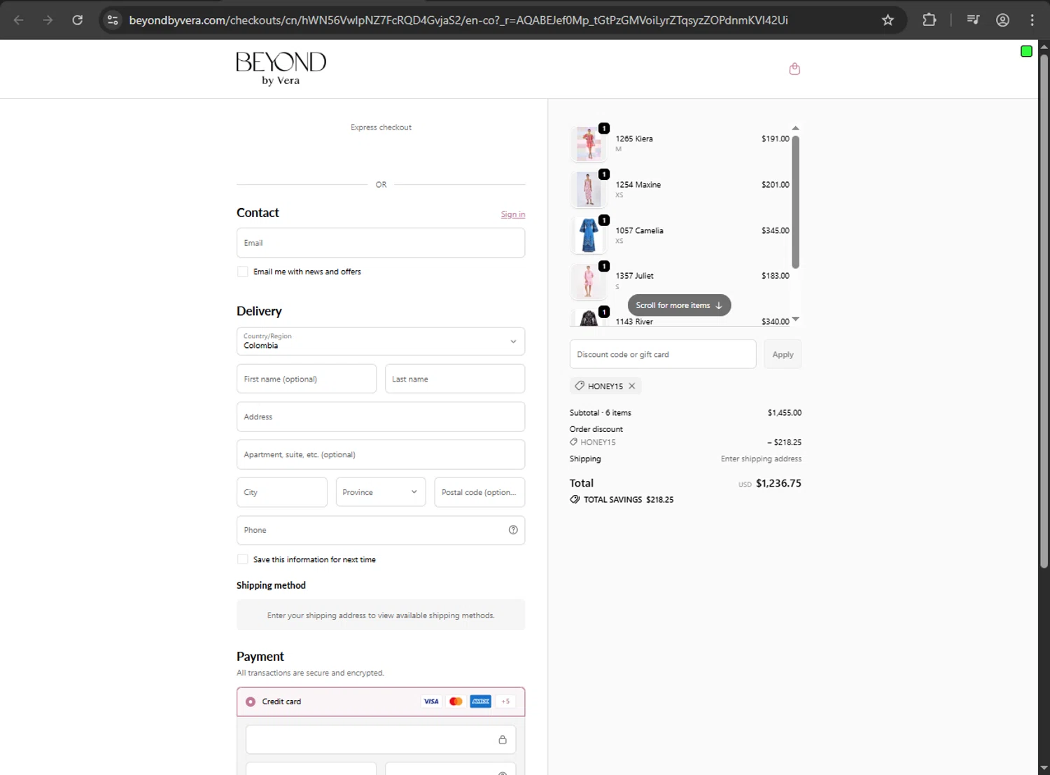 Beyond by Vera promo code screenshot showing code HONEY15 applied at Beyond by Vera checkout page. Uploaded by SimplyCodes community member 61664350 on Nov 9, 2025