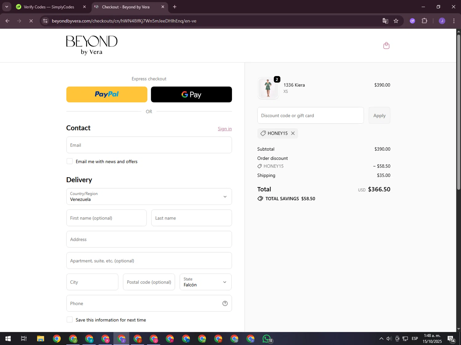 Beyond by Vera promo code screenshot showing code HONEY15 applied at Beyond by Vera checkout page. Uploaded by SimplyCodes community member ValueHero2277 on Oct 15, 2025