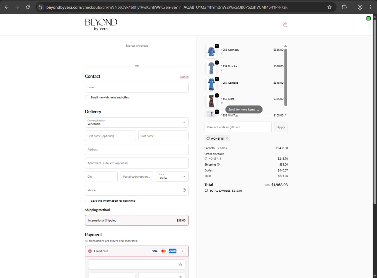 Beyond by Vera promo code screenshot showing code HONEY15 applied at Beyond by Vera checkout page. Uploaded by SimplyCodes community member zzzzzzza on Nov 15, 2025