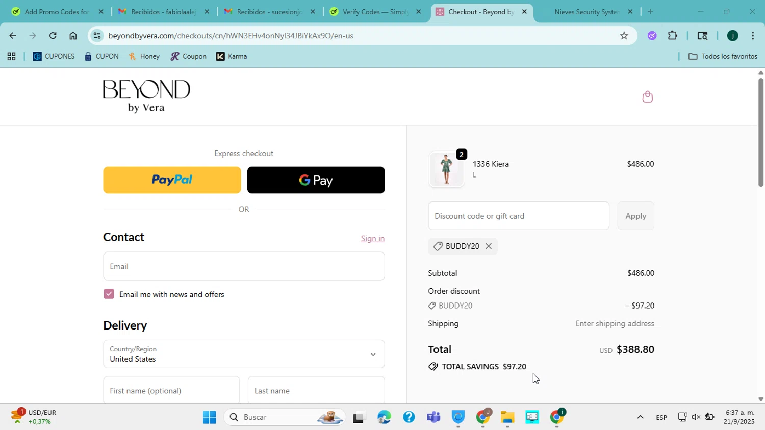 Beyond by Vera promo code screenshot showing code BUDDY20 applied at Beyond by Vera checkout page. Uploaded by SimplyCodes community member jorgejavierherrera on Sep 21, 2025