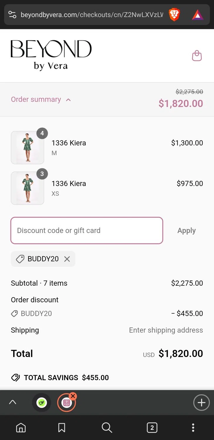 Beyond by Vera promo code screenshot showing code BUDDY20 applied at Beyond by Vera checkout page. Uploaded by SimplyCodes community member xxdddd on Mar 30, 2025