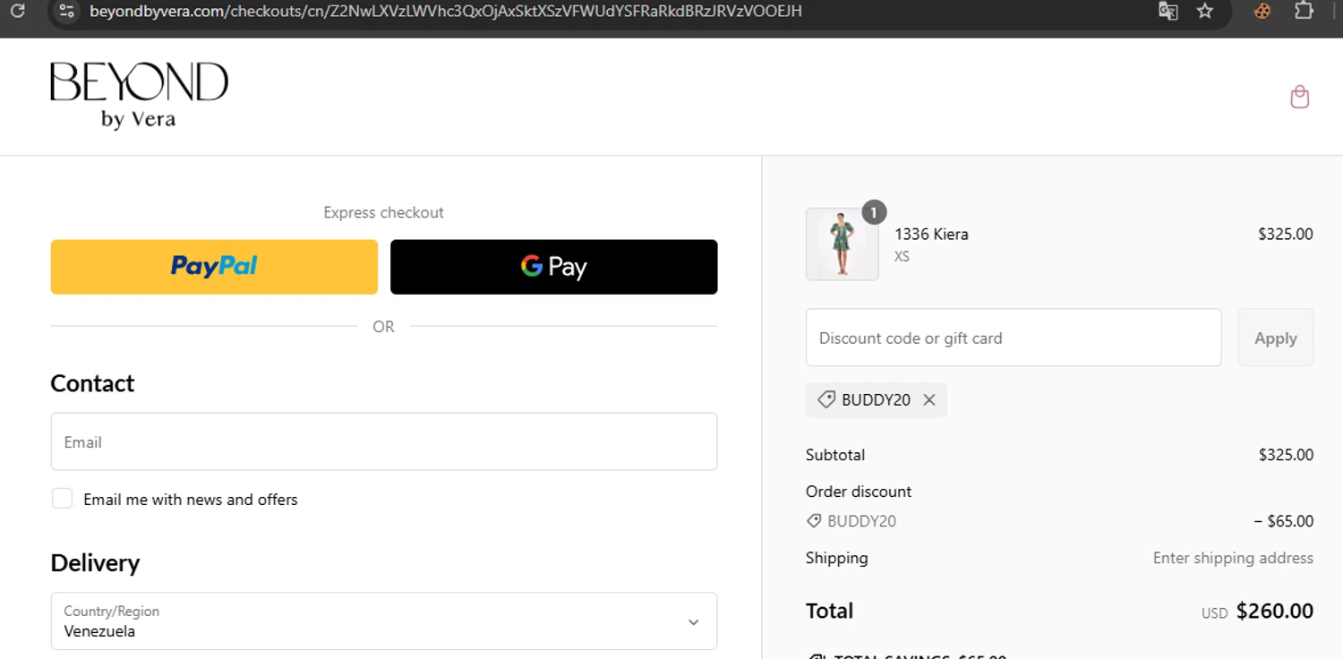 Beyond by Vera promo code screenshot showing code BUDDY20 applied at Beyond by Vera checkout page. Uploaded by SimplyCodes community member javierprez on Feb 18, 2025
