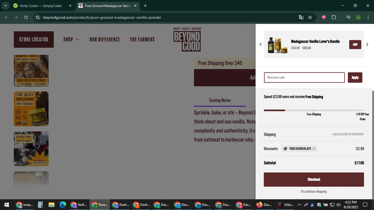 Beyond Good promo code screenshot showing code THIS15CHOCOLATE applied at Beyond Good checkout page. Uploaded by SimplyCodes community member ShieldFinder369 on Aug 28, 2025