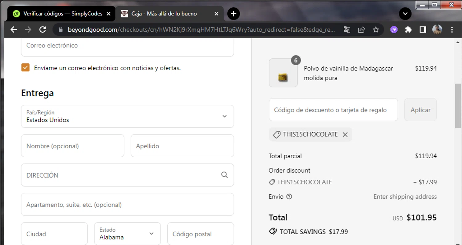 Beyond Good promo code screenshot showing code THIS15CHOCOLATE applied at Beyond Good checkout page. Uploaded by SimplyCodes community member enmanuelhernandezRodriguez on Aug 28, 2025